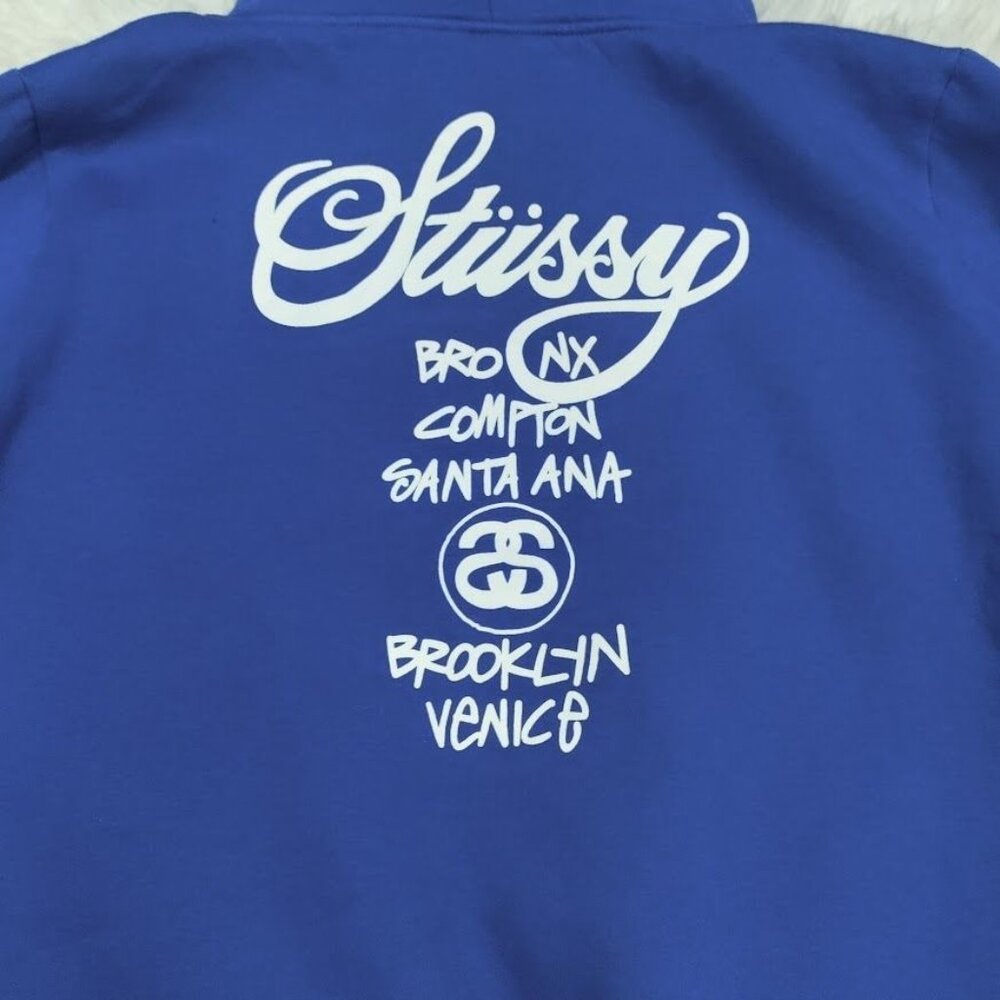 Stussy Loose Fit Men Medium Streetwear Cities Pullover Graphic Hoodie Blue White - Picture 4 of 8